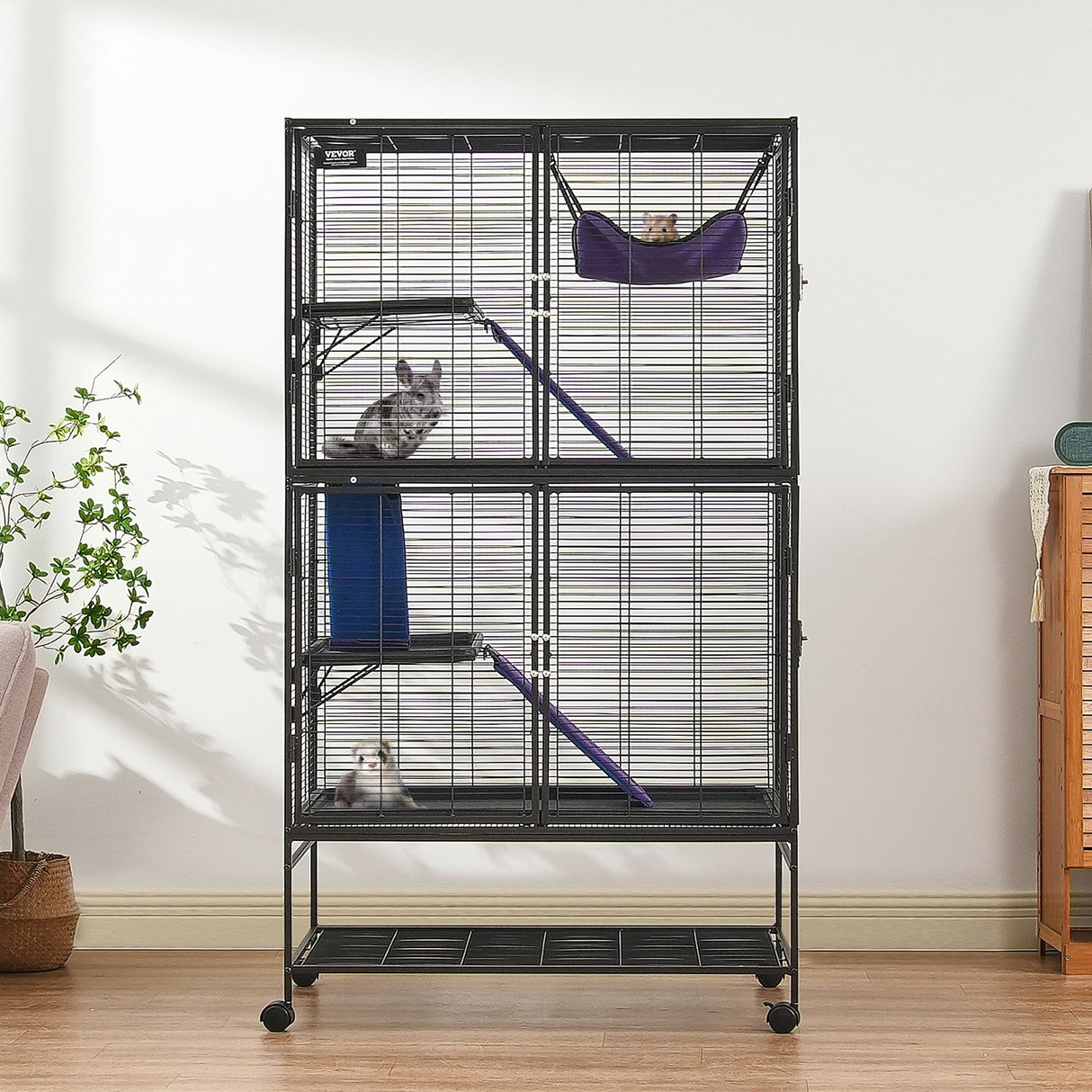 64.6" Metal Small Animal Cage 4-Tier Rolling Ferret Cage with Tray 3 Ramps