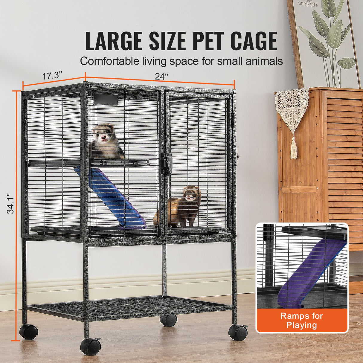 34" Metal Small Animal Cage 2-Tier Rolling Ferret Cage with Tray A Ramp