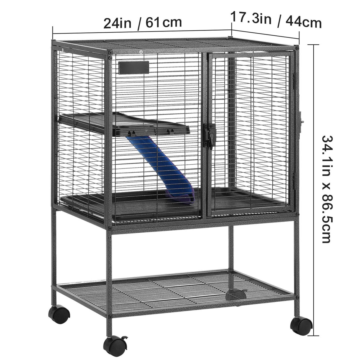 34" Metal Small Animal Cage 2-Tier Rolling Ferret Cage with Tray A Ramp