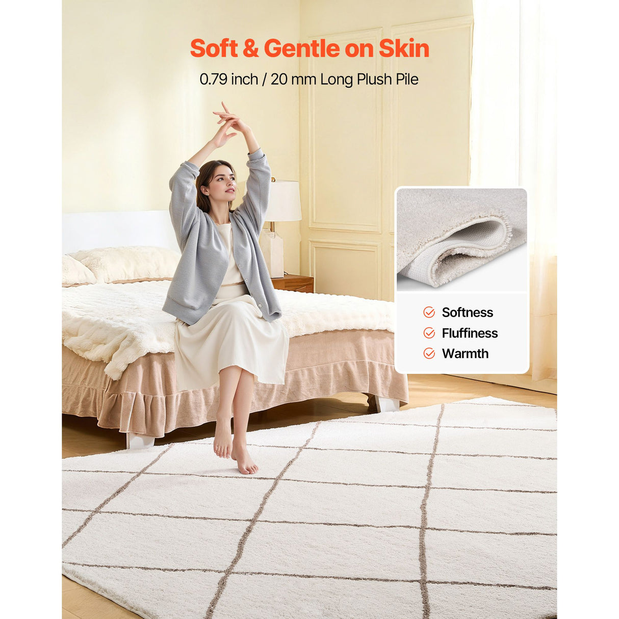 Indoor Plush Area Rugs, 2.44 x 3.05m Plush Carpet, Area Rugs Furry with Long Plushs Pile, Thick & Durable High-Pile Rug for High-Traffic Areas, Bedroom, Non-Shedding & Non-Slip Backing, Beige