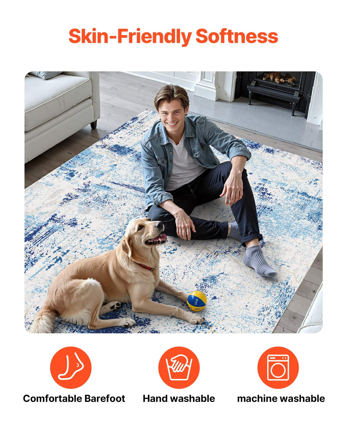 VEVOR Area Rug, 1524x2133.6mm Large Washable Rug, Non-Slip and Tear-Resistant Soft Carpet, Pet & Child Friendly Modern Area Rugs, Indoor Mat for Bedroom, Office, Living Room, Kids Room, Entryway, Blue