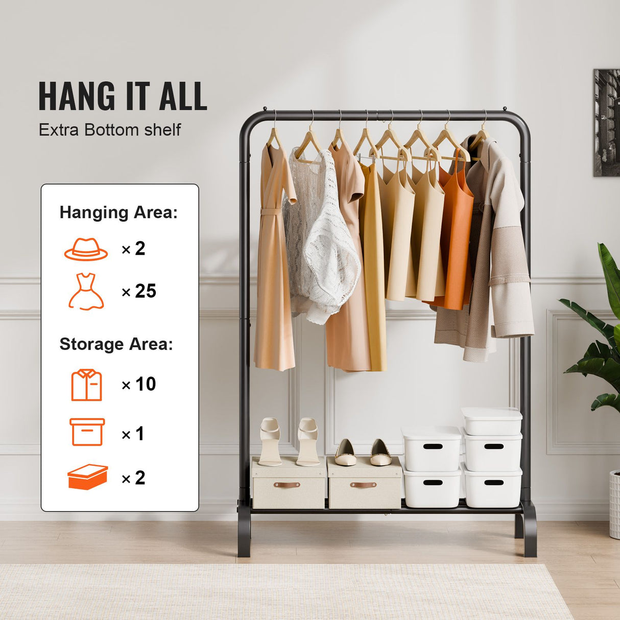 Clothes Rack, Heavy Duty Clothing Garment Rack with Hanging Rod and Bottom Storage Area, Clothing Rack for Bedroom Guest Room