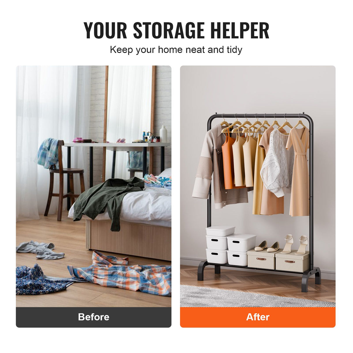 Clothes Rack, Heavy Duty Clothing Garment Rack with Hanging Rod and Bottom Storage Area, Clothing Rack for Bedroom Guest Room