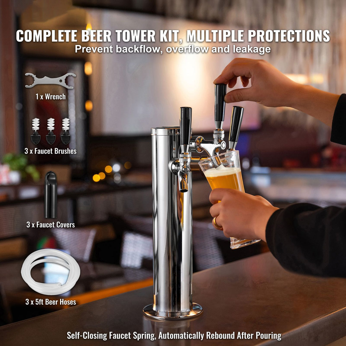 Triple Taps Draft Beer Tower Dispenser, Stainless Steel Keg Beer Tower, Kegerator Tower Kit with Pre-Assembled Tubing and Self-Closing Faucet Shanks for Party, Bar, Pub, Restaurant