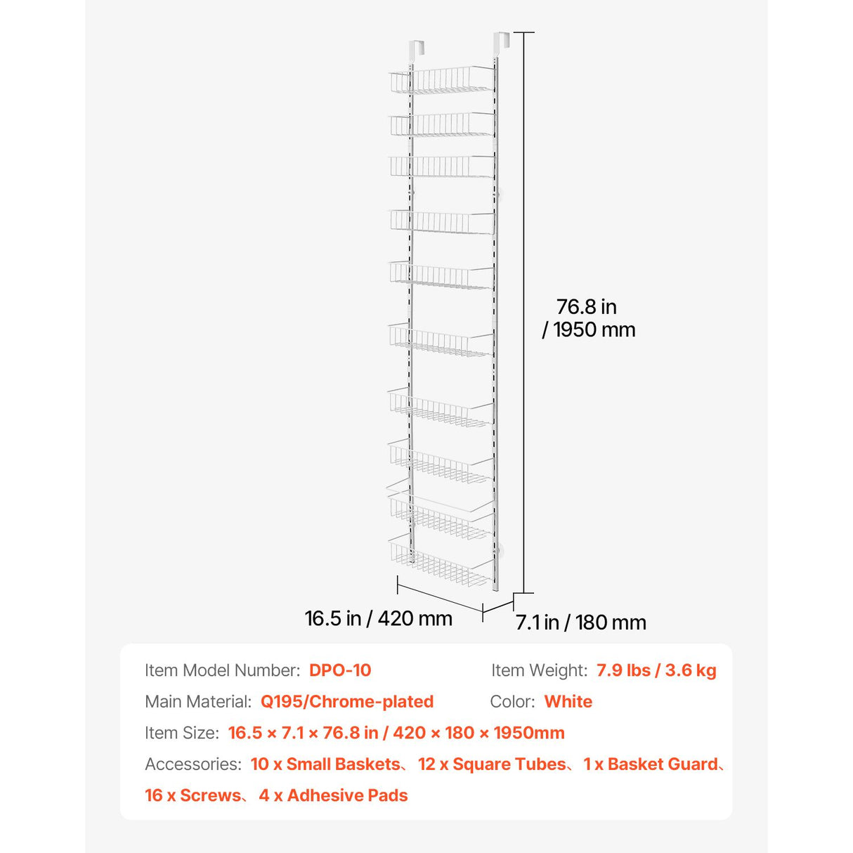 10-Tier Over the Door Pantry Organizer Hanging Storage Rack Adjustable