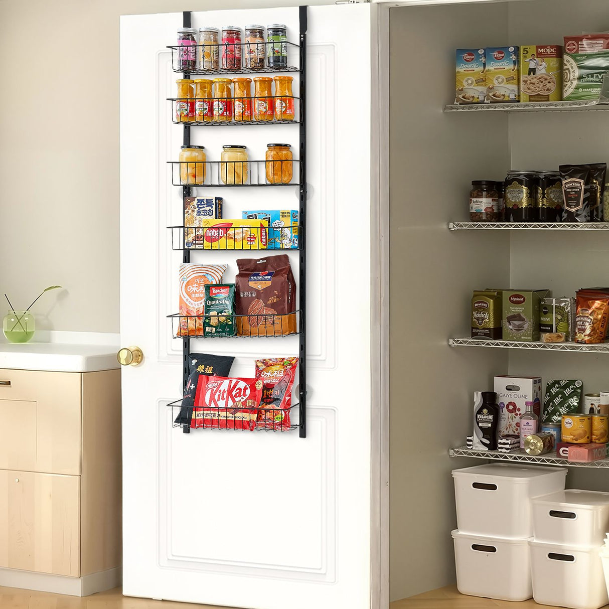 Over the Door Pantry Organizer, 6-Tier Pantry Organization and Storage, Heavy-Duty Steel Hanging Spice Rack, Adjustable Wall Seasoning Shelves, for Home Kitchen Laundry Room Bathroom, Black