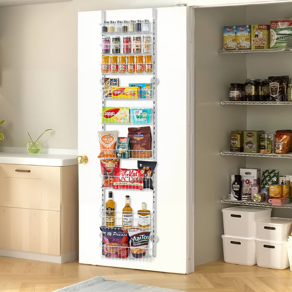 Over the Door Pantry Organizer, 9-Tier Pantry Organization and Storage, Heavy-Duty Steel Hanging Spice Rack, Adjustable Wall Seasoning Shelves, for Home Kitchen Laundry Room Bathroom, White