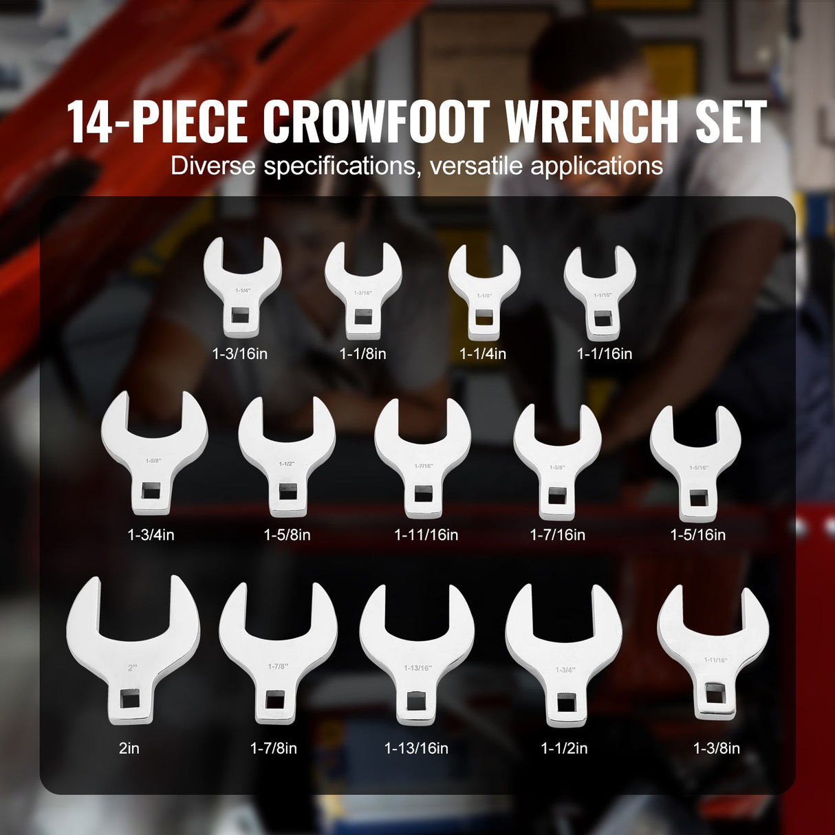 Crowfoot Wrench Set, 1/2" Drive 14-Piece SAE (1-1/16" - 2") Crows Foot Wrench Set with Storage Tray, 40CR Material with Laser Etched Sizing, for Mechanical Maintenance or Repairs