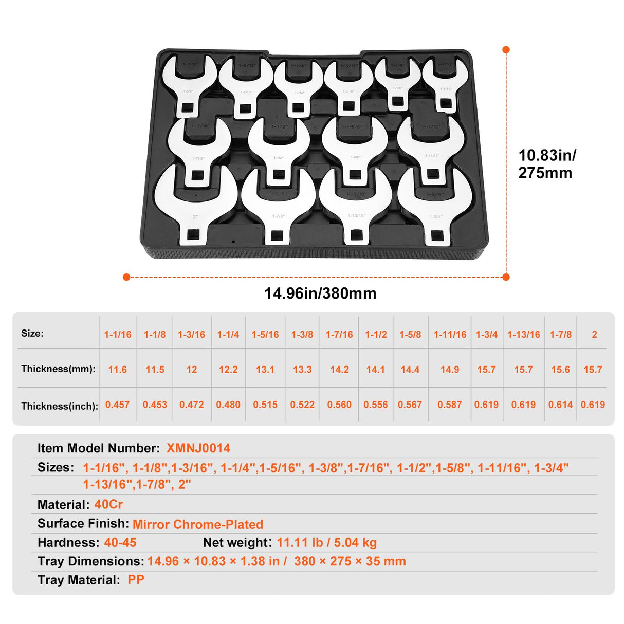 Crowfoot Wrench Set, 1/2" Drive 14-Piece SAE (1-1/16" - 2") Crows Foot Wrench Set with Storage Tray, 40CR Material with Laser Etched Sizing, for Mechanical Maintenance or Repairs