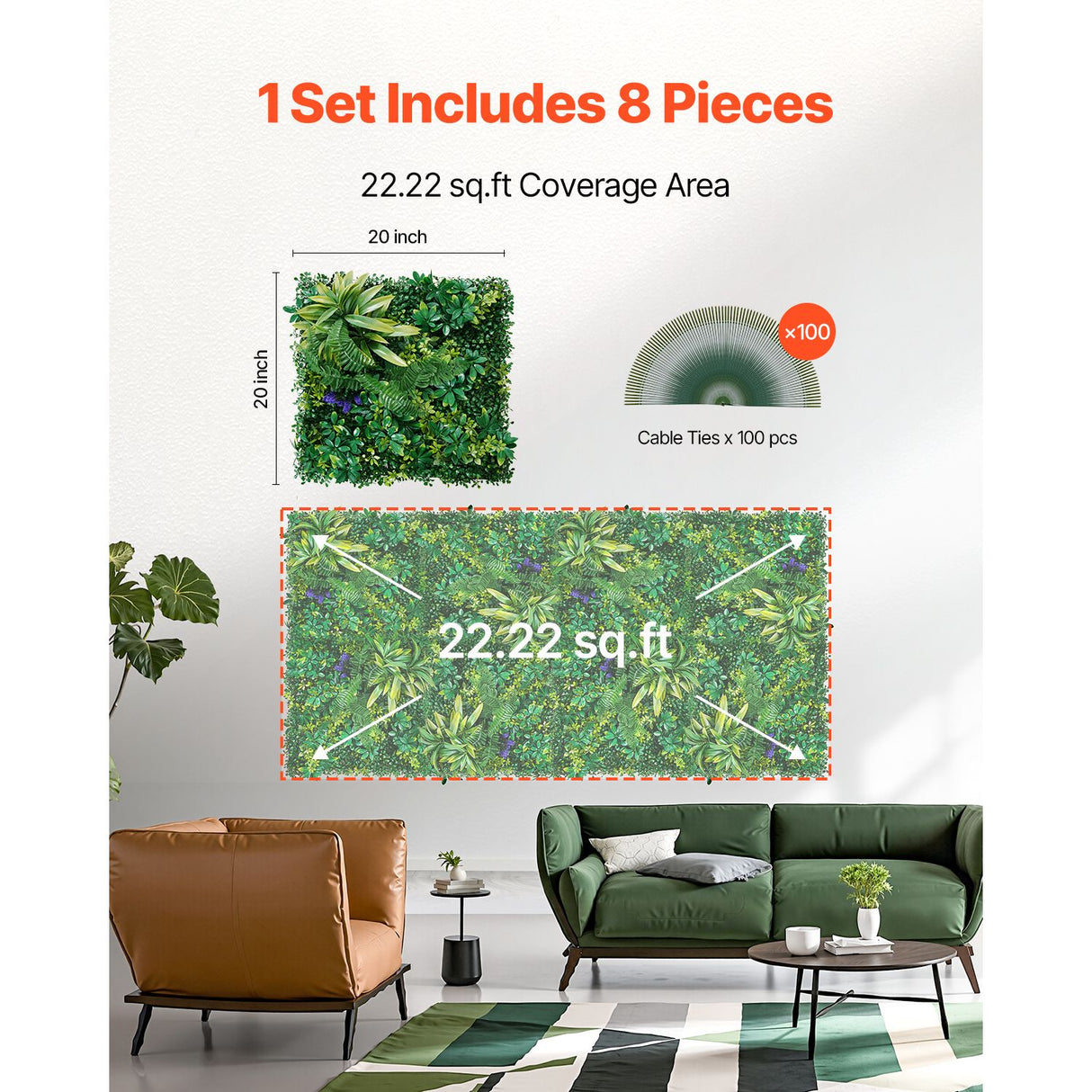 Artificial Grass Wall Panels, 8 PCS 20 x 20 inch, 3D Combination Greenery Boxwood Panel for Indoor Outdoor Green Decor & Ivy Fence Covering, Privacy Backdrop Wall Hedge Screen for Garden