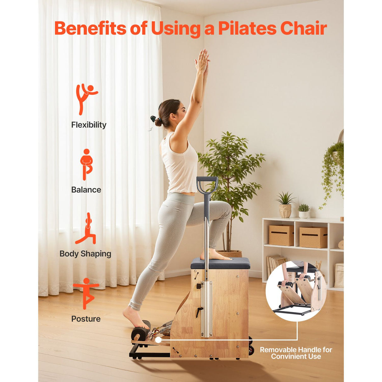 Pilates Chair, Split-Pedal Stability Combo Chairs with Handles, Rubber Wood Frame Yoga Fitness Trainer, Exercise Reformer, Pilates Resistance-Workout Equipment, for Home Gym Studio Workout
