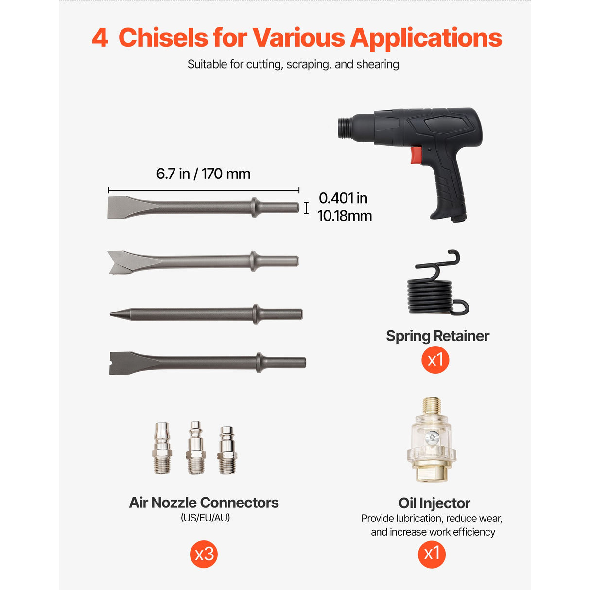 Air Hammer, 2500-2700BPM Pneumatic Hammer with 70mm Stroke & 4PCS 170mm Long Barrel Chisels, Pistol-Grip Compact Air Chisel Pneumatic Shovel Tool for Cutting Scraping Demolishing