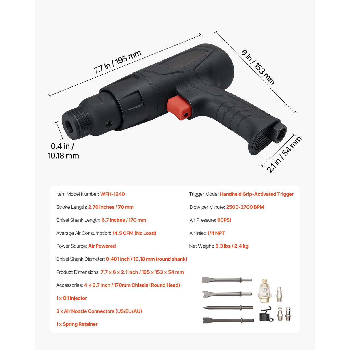 Air Hammer, 2500-2700BPM Pneumatic Hammer with 70mm Stroke & 4PCS 170mm Long Barrel Chisels, Pistol-Grip Compact Air Chisel Pneumatic Shovel Tool for Cutting Scraping Demolishing