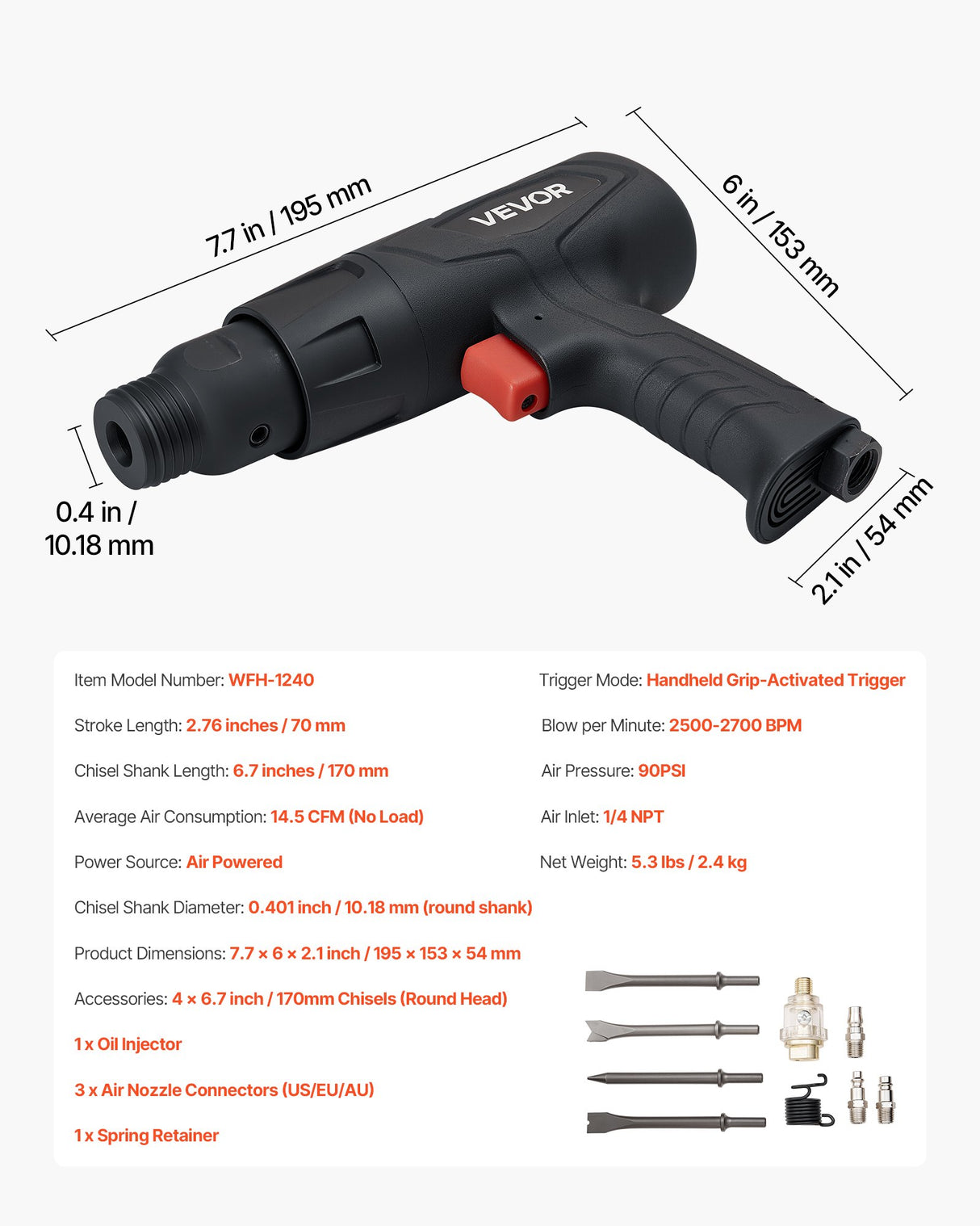 Air Hammer, 2500-2700BPM Pneumatic Hammer with 70mm Stroke & 4PCS 170mm Long Barrel Chisels, Pistol-Grip Compact Air Chisel Pneumatic Shovel Tool for Cutting Scraping Demolishing