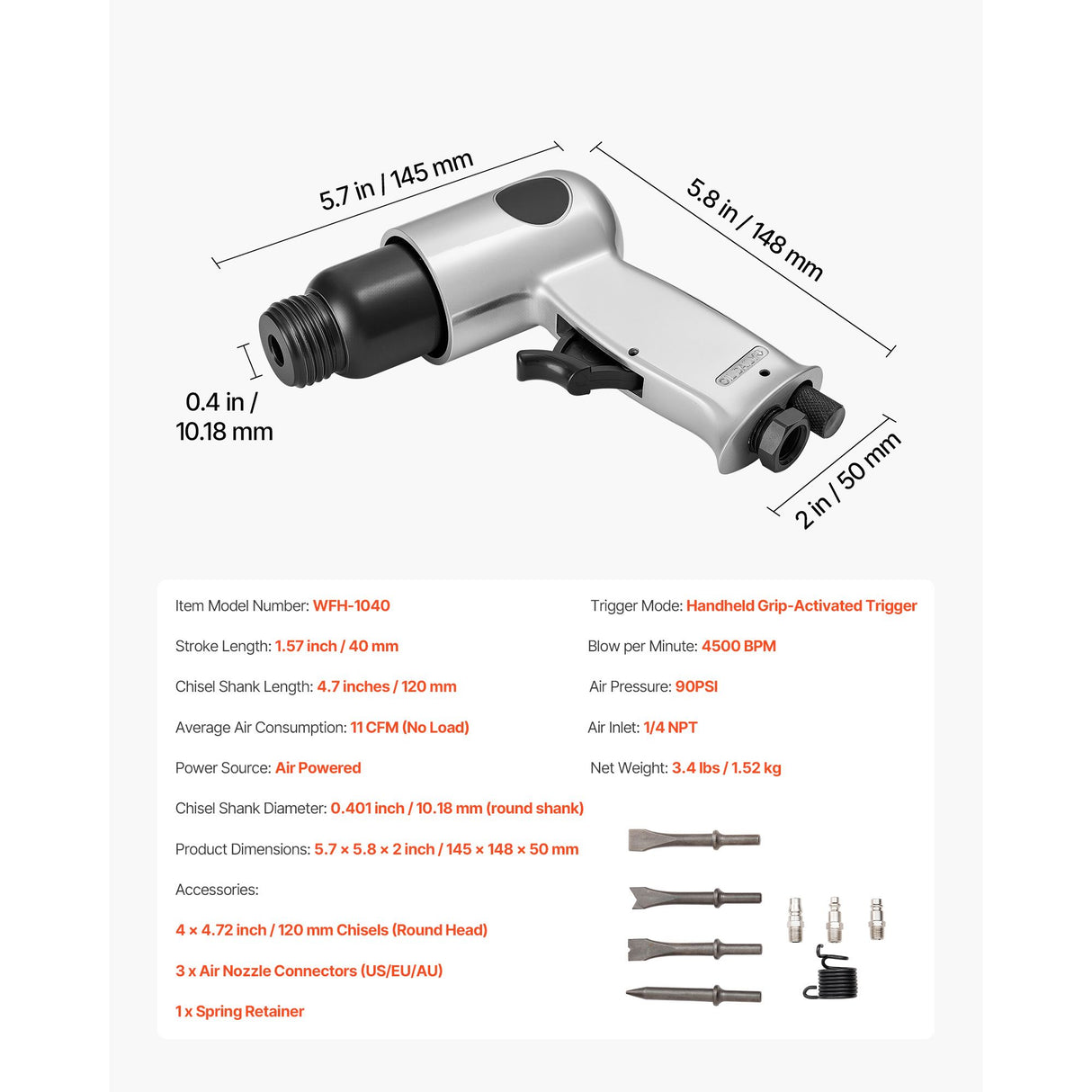 Air Hammer, 4500BPM Pneumatic Hammer with 40mm Stroke & 4PCS Chisels Round Shank, Lightweight & Compact Air Chisel Pneumatic Shovel Tool for Cutting Punching Scraping