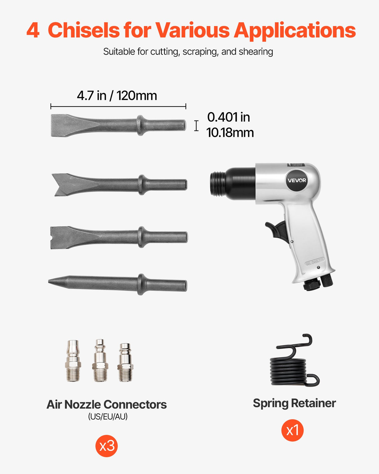 Air Hammer, 4500BPM Pneumatic Hammer with 40mm Stroke & 4PCS Chisels Round Shank, Lightweight & Compact Air Chisel Pneumatic Shovel Tool for Cutting Punching Scraping
