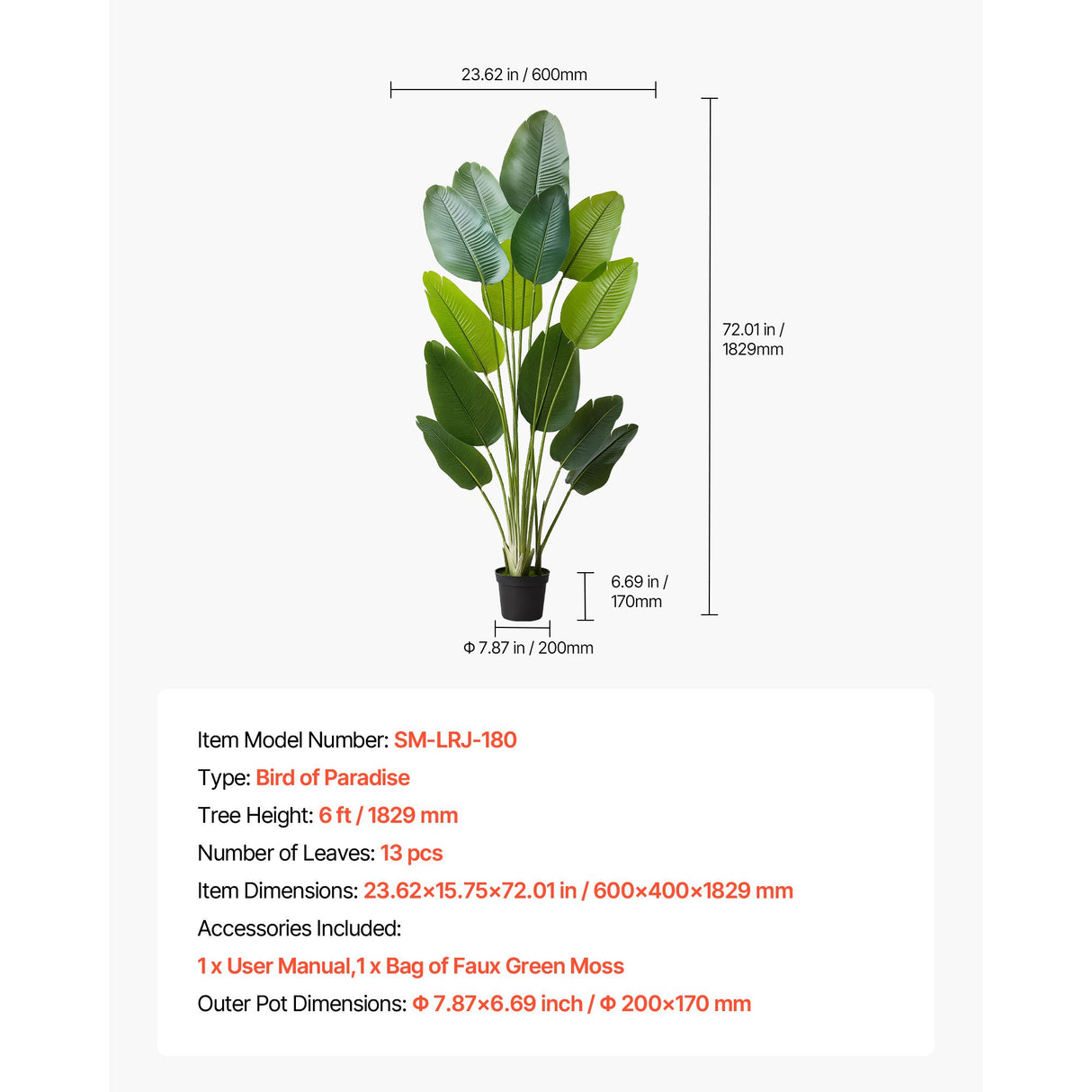 Artificial Bird of Paradise 1829 mm Tall, Fake Tropical Plants with with 13 Trunks & White Pot, Faux Floor Silk Tree, Large Trees for Home Office Living Room Decor House Warming, Indoor Outdoor
