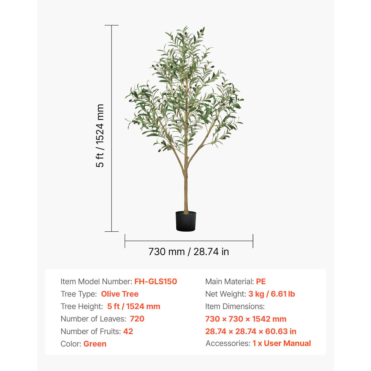 150cm Artificial Olive Tree with Black Pot, Tall Fake Tree with Natural Wood Trunk & Realistic Green Leaves and Fruits, Indoor Faux Plant for Home, Office, Living Room, Corner Decor