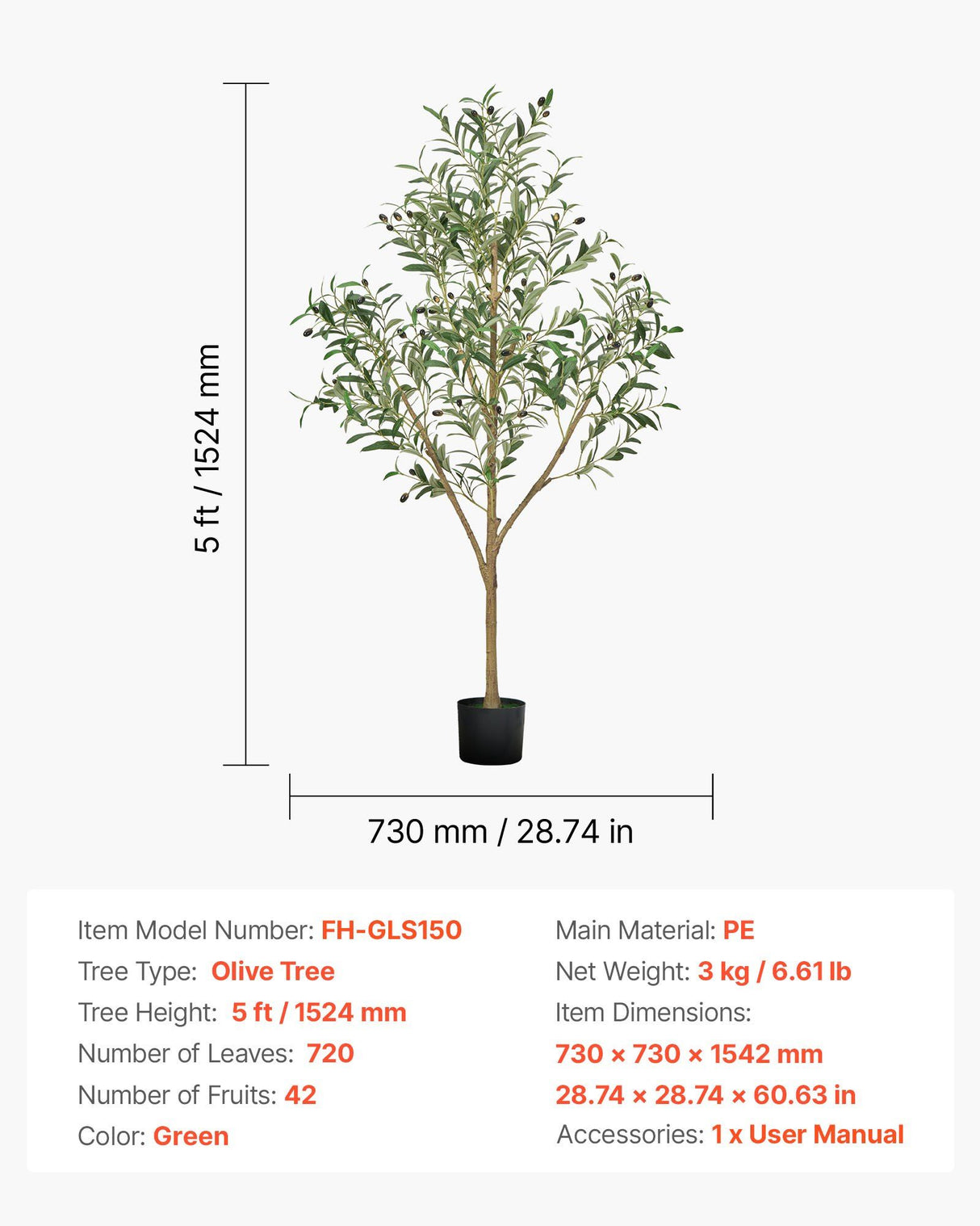 150cm Artificial Olive Tree with Black Pot, Tall Fake Tree with Natural Wood Trunk & Realistic Green Leaves and Fruits, Indoor Faux Plant for Home, Office, Living Room, Corner Decor
