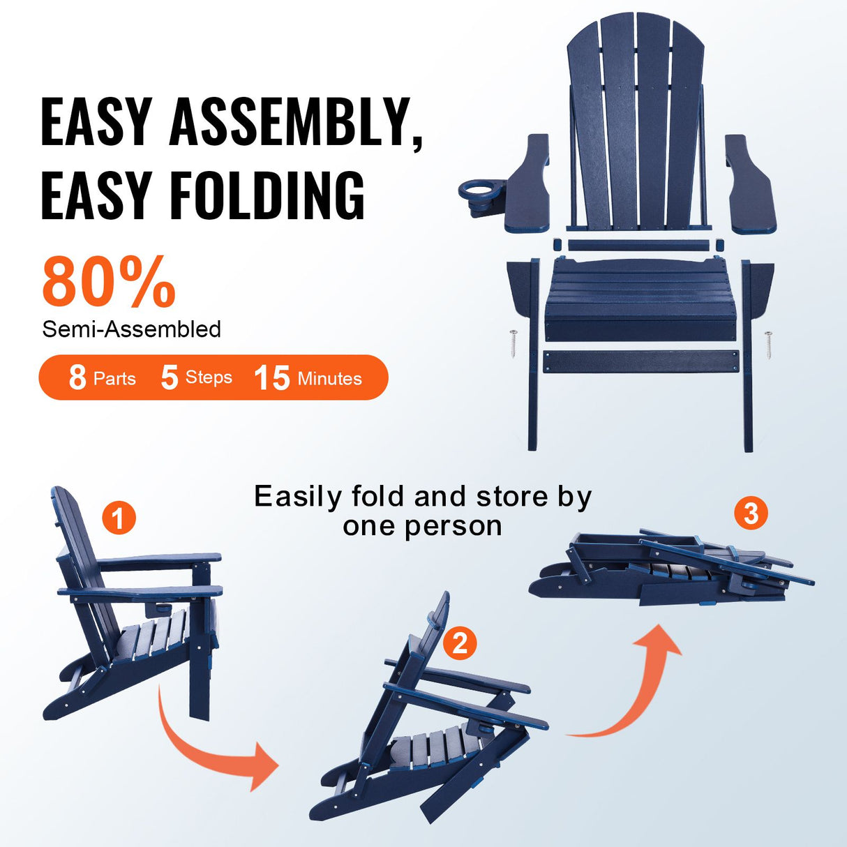 VEVOR Adirondack Chair Plastic, Set of 2 All-Weather Portable Folding Fire Pit Chair, Outdoor Adirondack Patio Chair with Cup Holder, with Relaxing Arm Rest Ergonomic, for Garden, Backyard Navy Blue