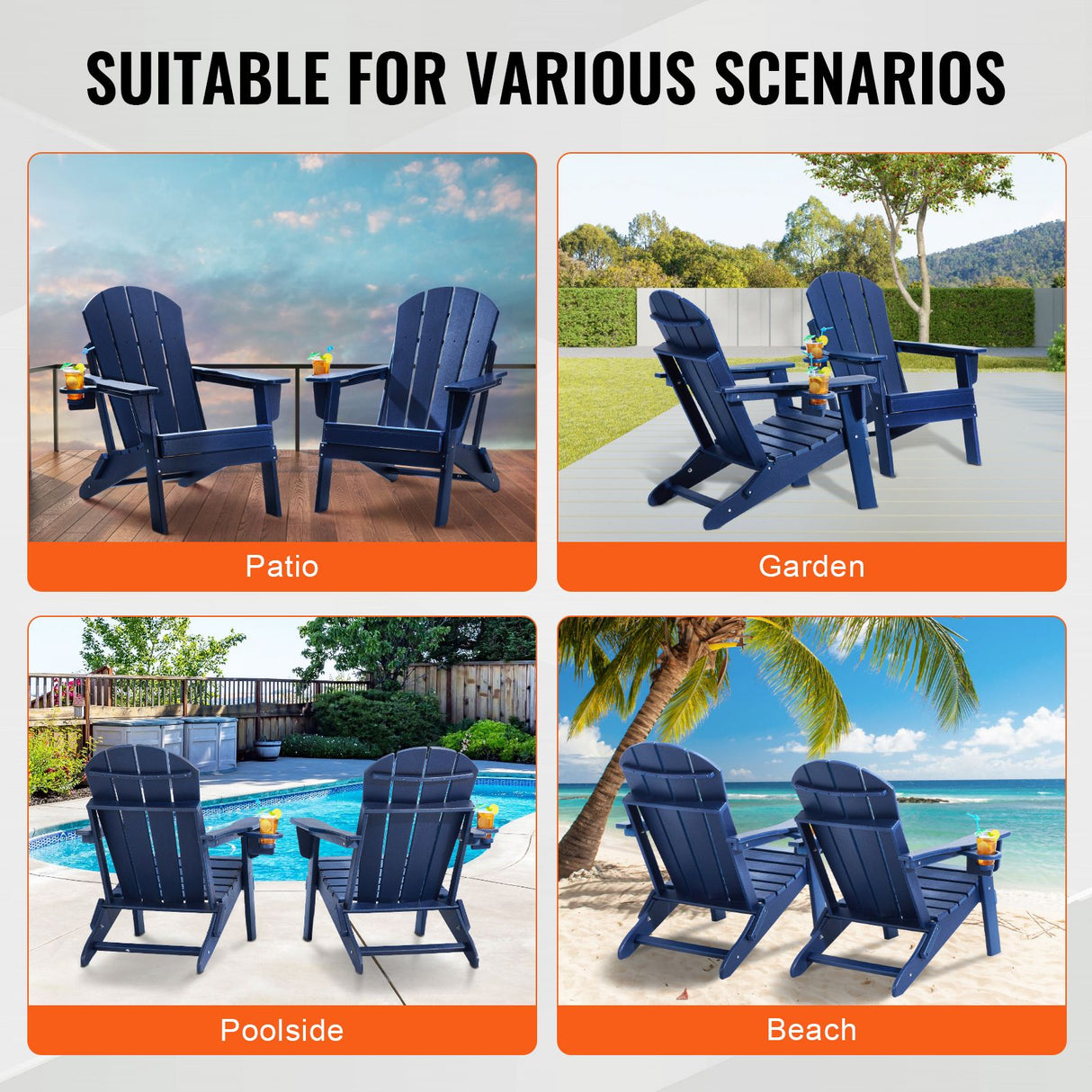 VEVOR Adirondack Chair Plastic, Set of 2 All-Weather Portable Folding Fire Pit Chair, Outdoor Adirondack Patio Chair with Cup Holder, with Relaxing Arm Rest Ergonomic, for Garden, Backyard Navy Blue