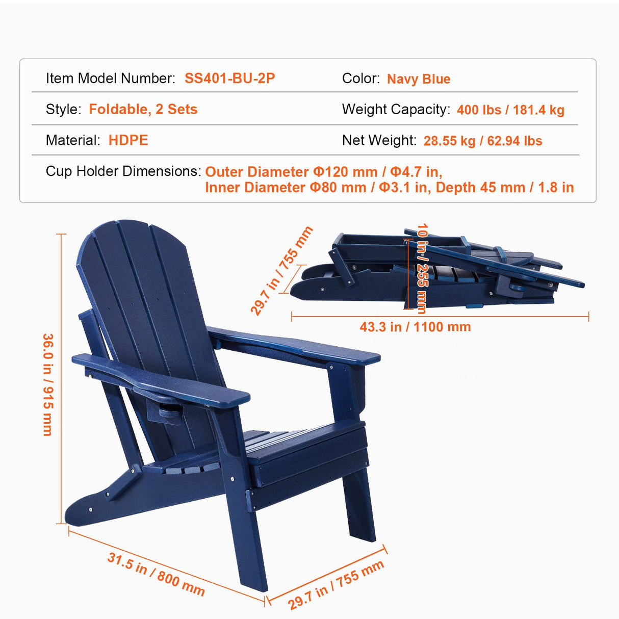 VEVOR Adirondack Chair Plastic, Set of 2 All-Weather Portable Folding Fire Pit Chair, Outdoor Adirondack Patio Chair with Cup Holder, with Relaxing Arm Rest Ergonomic, for Garden, Backyard Navy Blue
