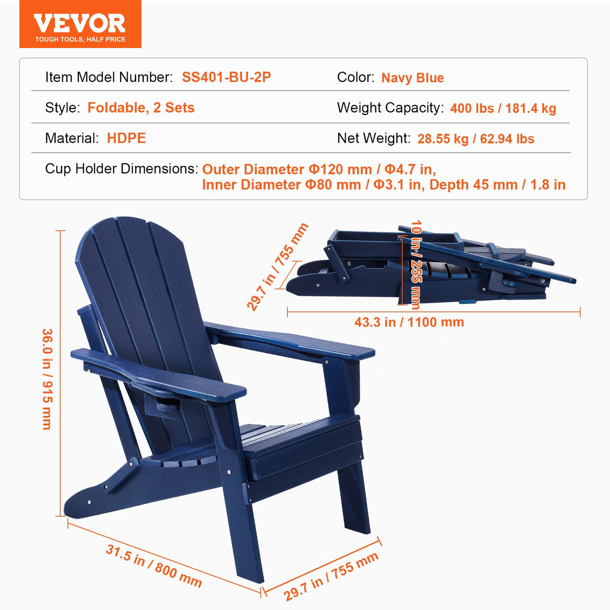 VEVOR Adirondack Chair Plastic, Set of 2 All-Weather Portable Folding Fire Pit Chair, Outdoor Adirondack Patio Chair with Cup Holder, with Relaxing Arm Rest Ergonomic, for Garden, Backyard Navy Blue