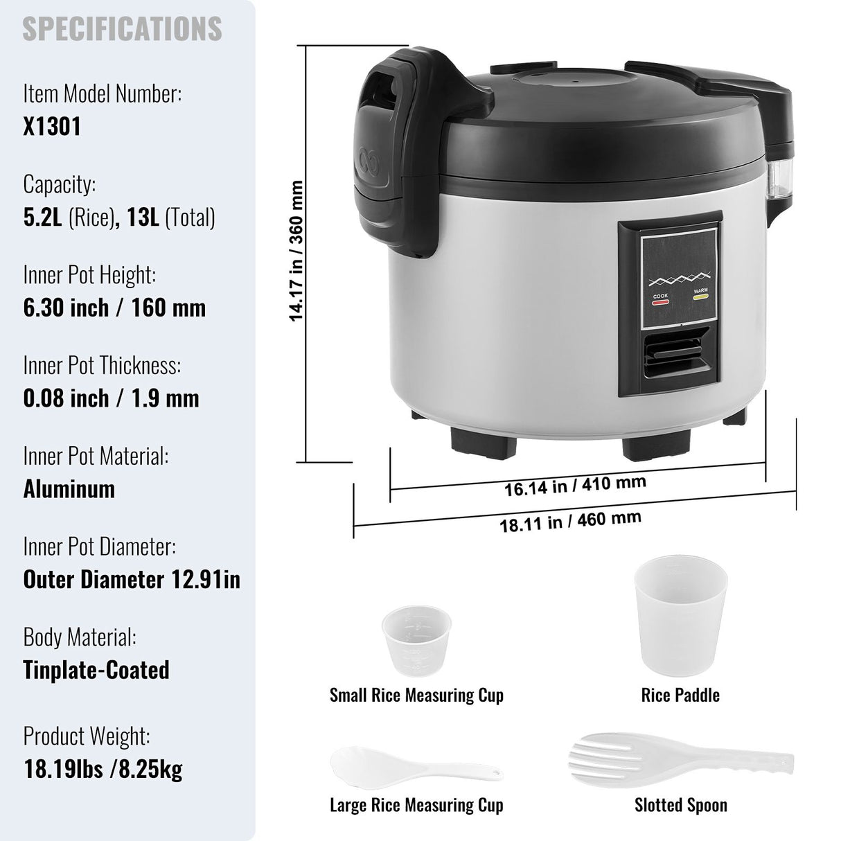 Commercial Rice Cooker 60-Cup Non-Stick Pot 13L 12H Keep Warm Restaurant