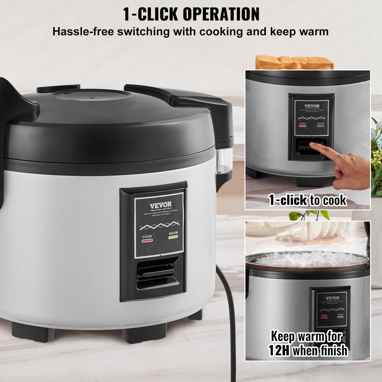 VEVOR Commercial Rice Cooker, 70-Cup Rice Cooker, 15 Liter Large Rice Cooker and Warmer with Nonstick Inner Pot, Fast Cooking and 12-Hour Keep Warm, with Rice Cup and Paddle, for Restaurant