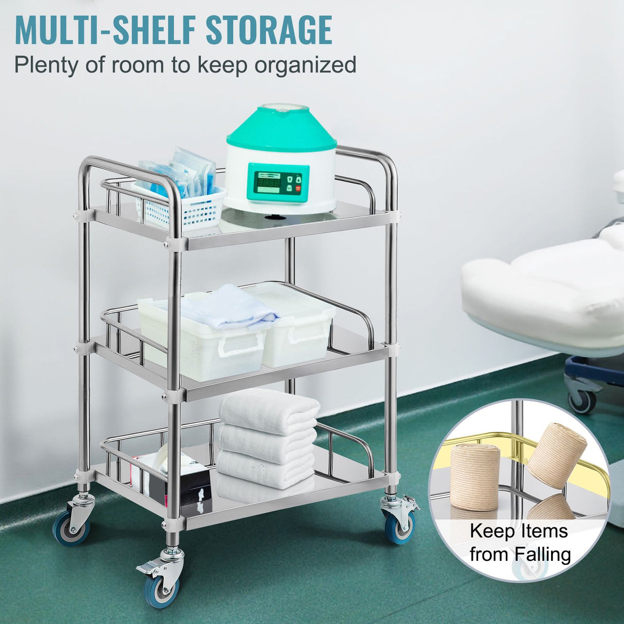 VEVOR Lab Rolling Cart, 3-Shelf Stainless Steel Rolling Cart, Lab Serving Cart with Swivel Casters, Dental Utility Cart for Clinic, Lab, Hospital, Salon, 26.38"x15.55"x34.13"