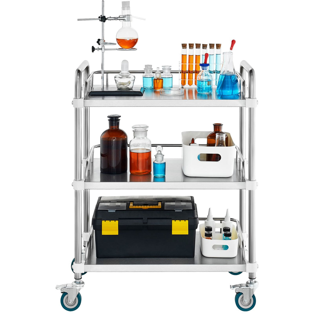 VEVOR Lab Rolling Cart, 3-Shelf Stainless Steel Rolling Cart, Lab Serving Cart with Swivel Casters, Dental Utility Cart for Clinic, Lab, Hospital, Salon, 26.38"x15.55"x34.13"