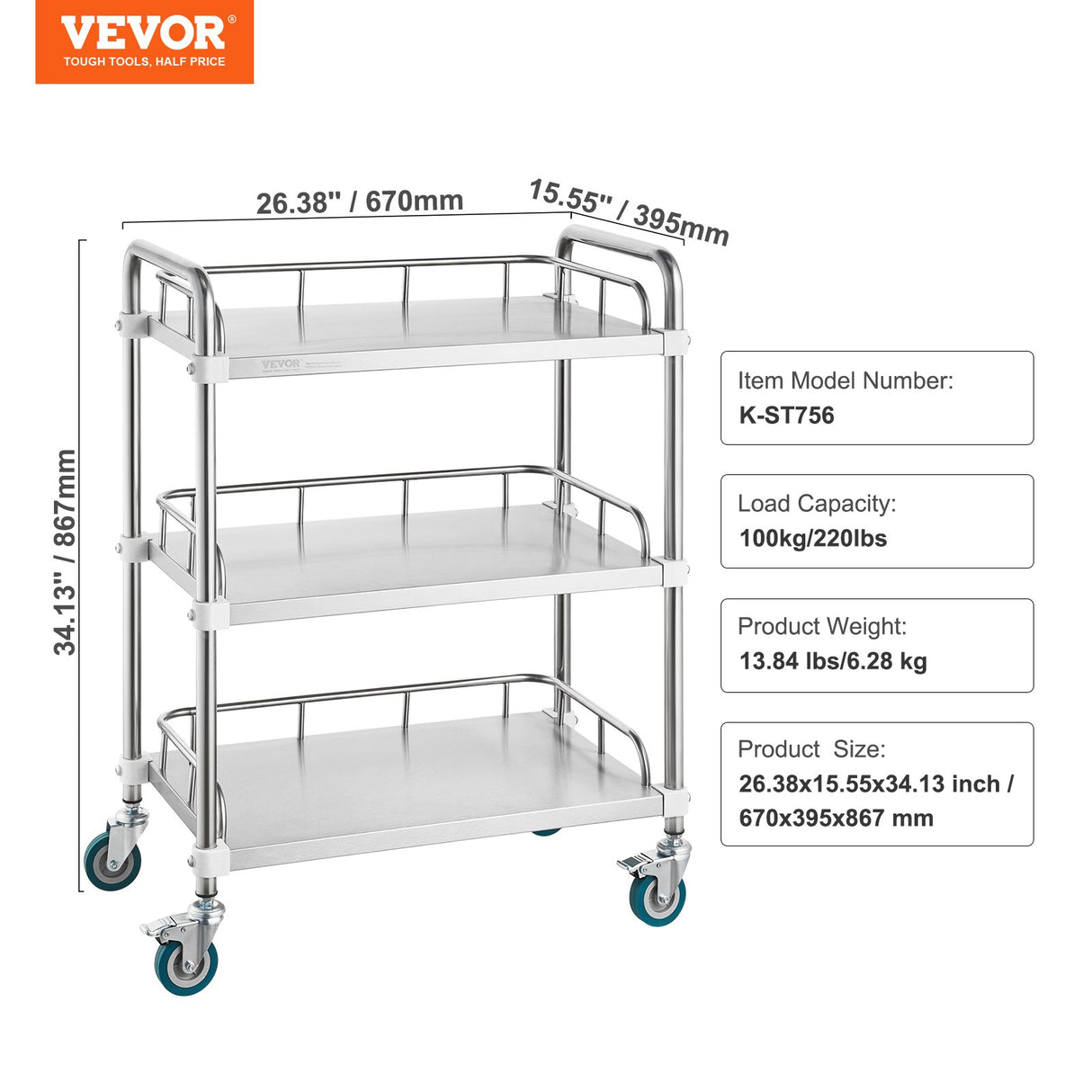 VEVOR Lab Rolling Cart, 3-Shelf Stainless Steel Rolling Cart, Lab Serving Cart with Swivel Casters, Dental Utility Cart for Clinic, Lab, Hospital, Salon, 26.38"x15.55"x34.13"