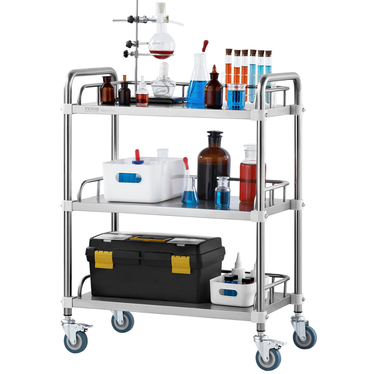 VEVOR Lab Rolling Cart, 3-Shelf Stainless Steel Rolling Cart, Lab Serving Cart with Swivel Casters, Dental Utility Cart for Clinic, Lab, Hospital, Salon, 26.38"x15.55"x34.13"