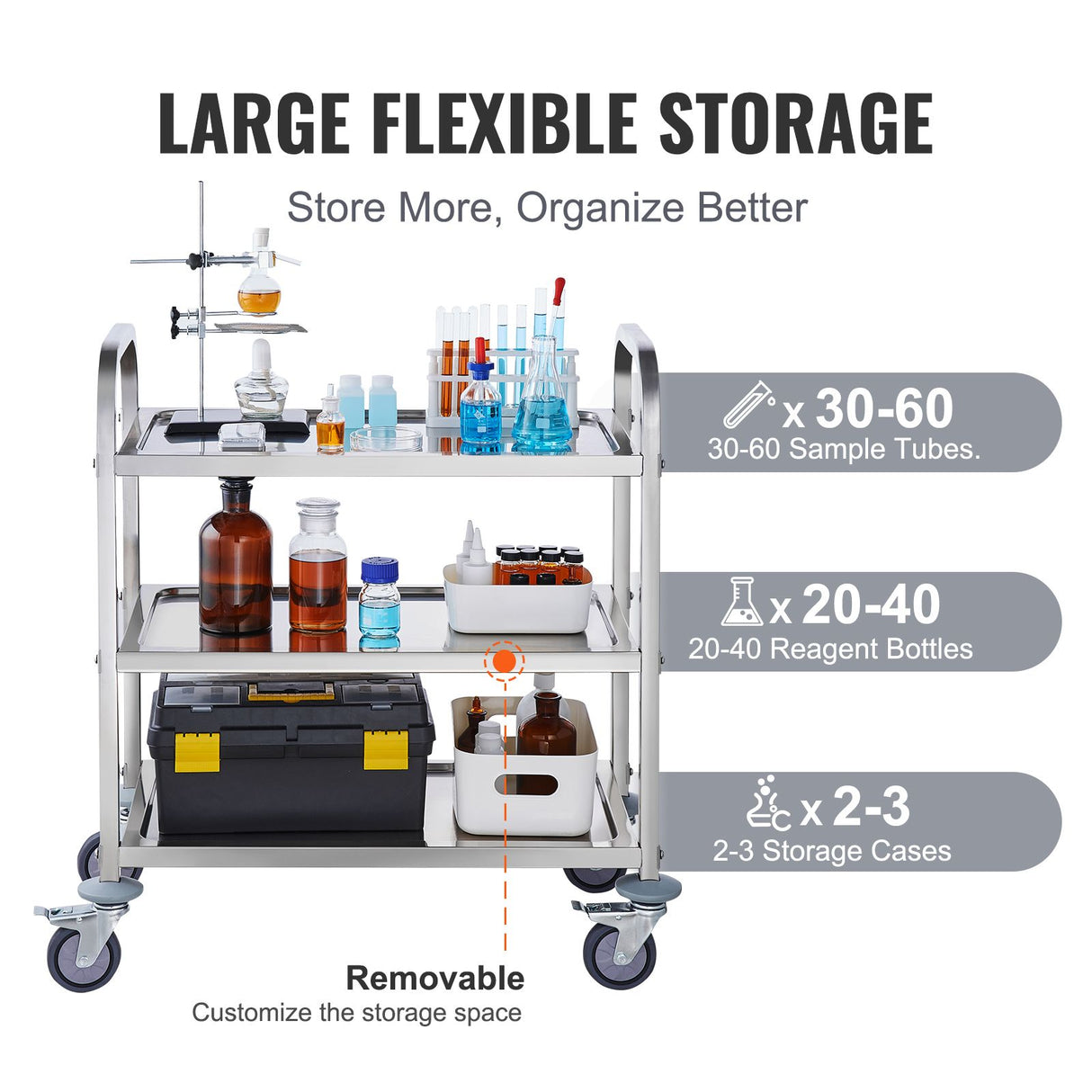 VEVOR Stainless Steel Cart, 3 Layers Lab Utility Cart 181 kg Weight Capacity, Medical Cart with Lockable Universal Wheels, for Lab, Clinic, Kitchen, Salon