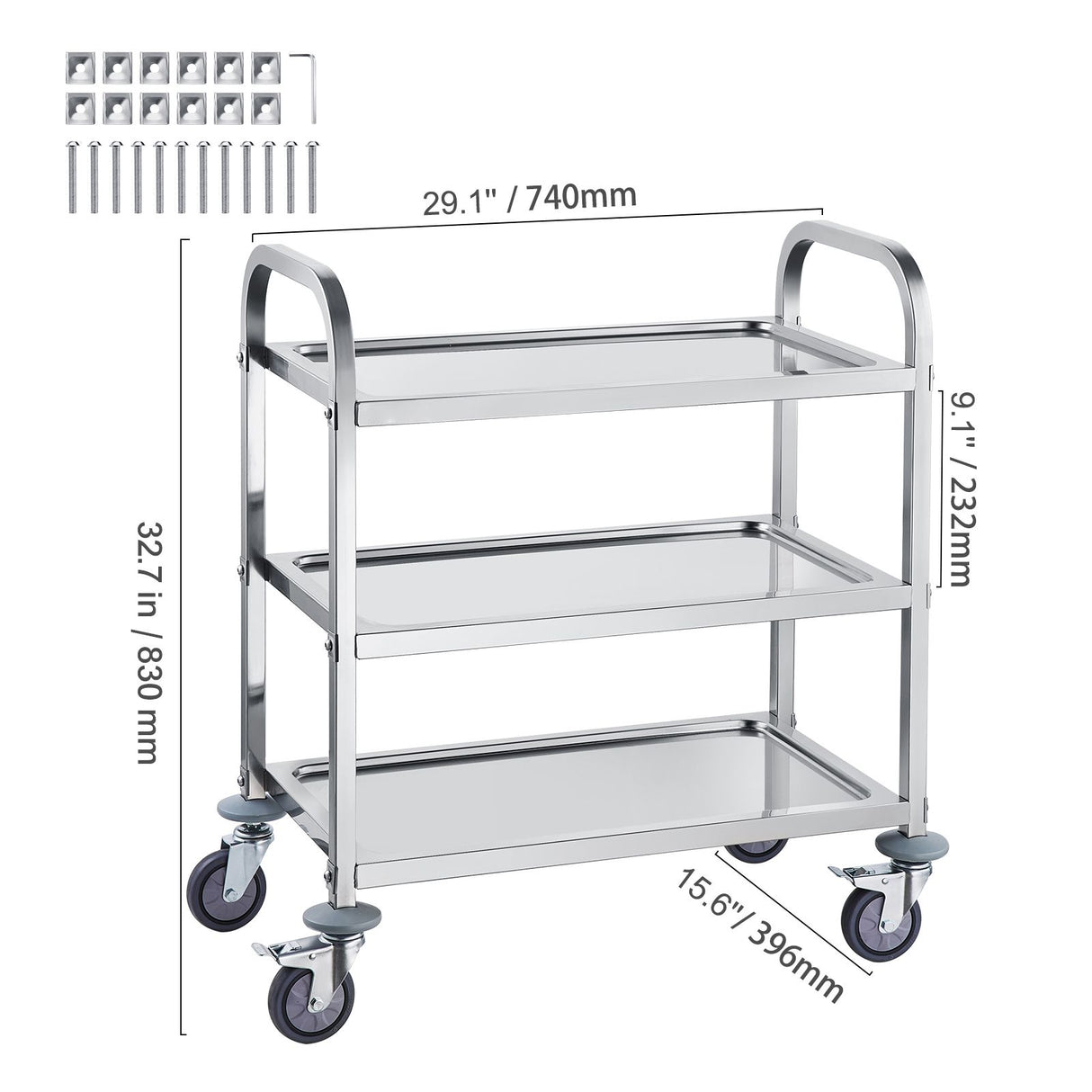 VEVOR Stainless Steel Cart, 3 Layers Lab Utility Cart 181 kg Weight Capacity, Medical Cart with Lockable Universal Wheels, for Lab, Clinic, Kitchen, Salon