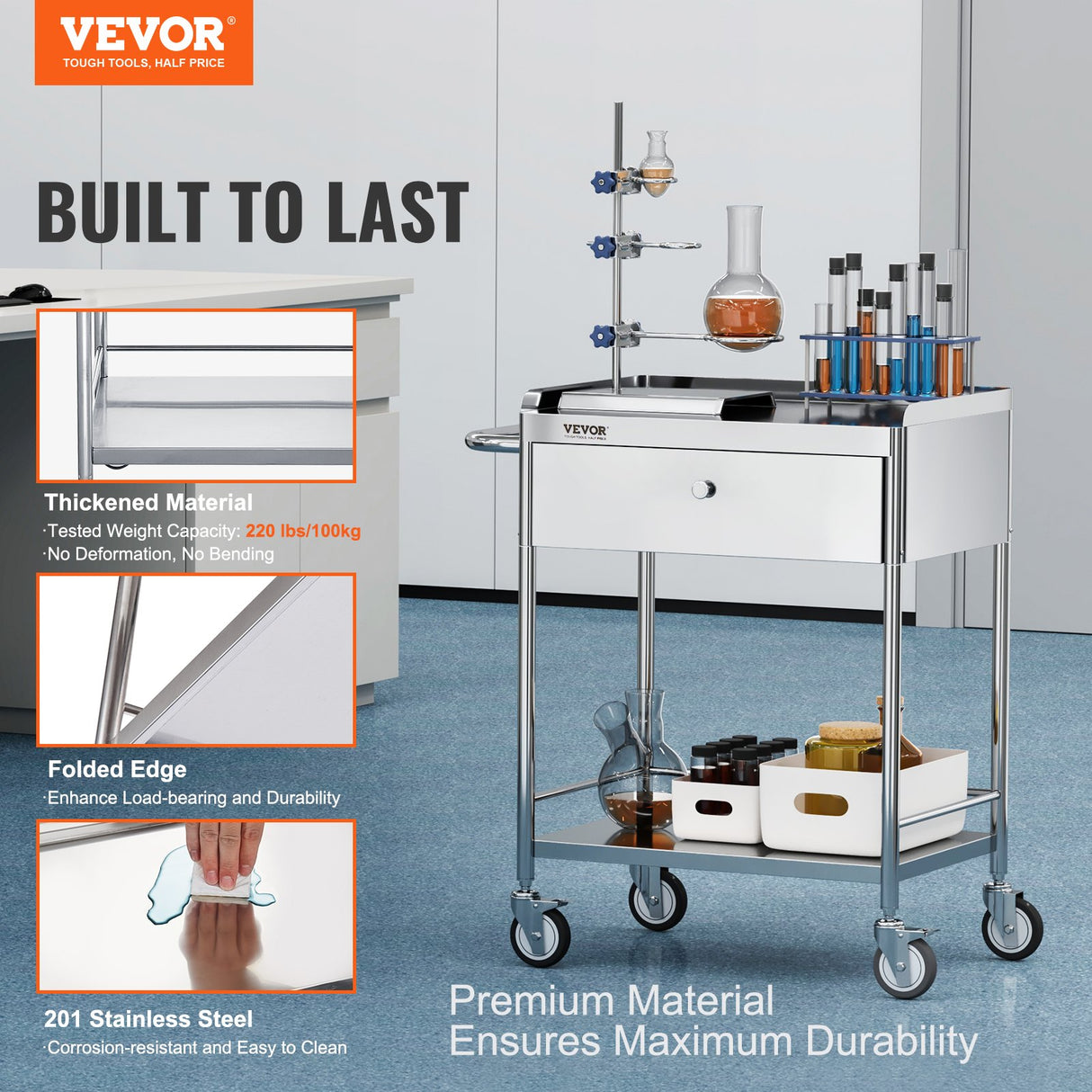 VEVOR Medical Cart, 2 Layer stainless Steel Cart100 kg Weight Capacity Utility Cart Silent Wheels and a Drawer for Lab, Clinic, kitchen, Salon