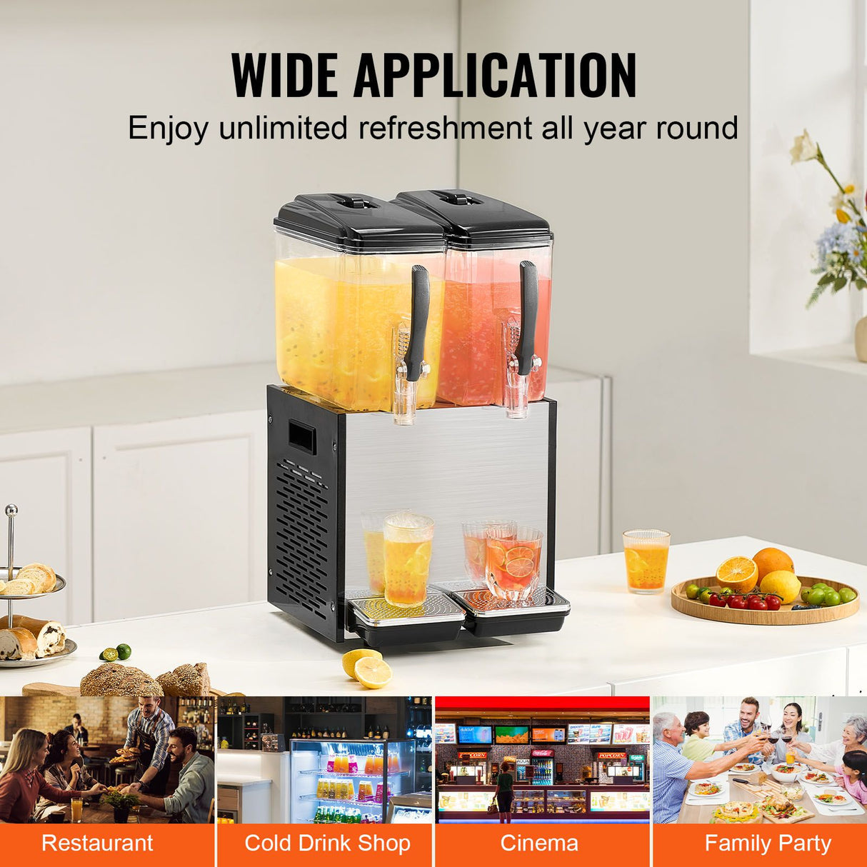 VEVOR Commercial Beverage Dispenser, 2 Tanks 12 L Per Tank Juice Dispenser, 286W Stainless Steel Ice Tea Drink Machine with 7℃-12℃ Cooling Temperature, for Cold Drink Restaurant Bar Party