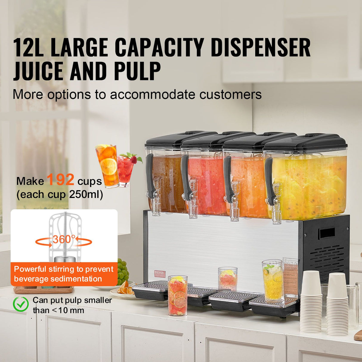 VEVOR Commercial Beverage Dispenser, 4 Tanks 12 L Per Tank Juice Dispenser, 510W Stainless Steel Ice Tea Drink Machine with 7℃-12℃ Cooling Temperature, for Cold Drink Restaurant Bar Party