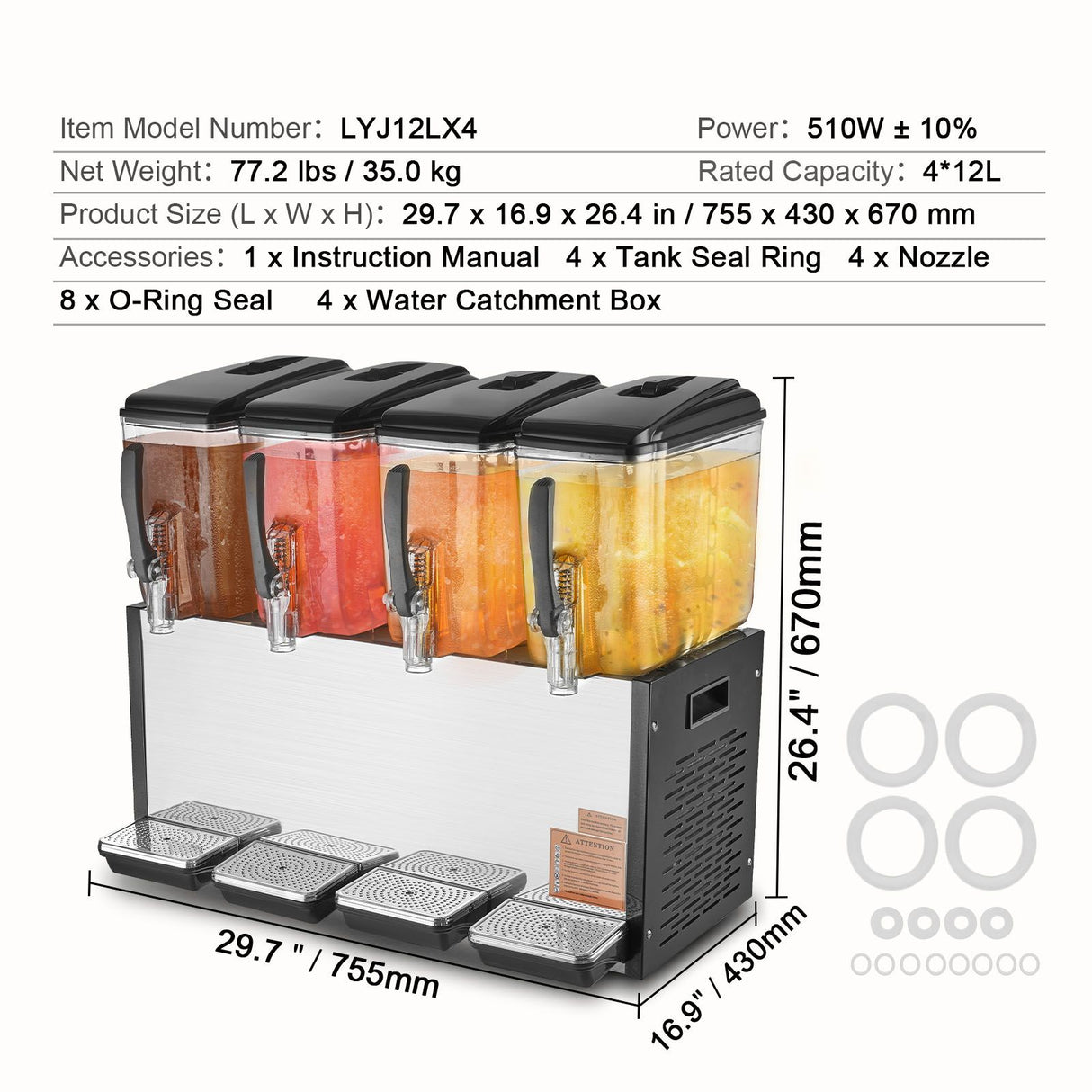 VEVOR Commercial Beverage Dispenser, 4 Tanks 12 L Per Tank Juice Dispenser, 510W Stainless Steel Ice Tea Drink Machine with 7℃-12℃ Cooling Temperature, for Cold Drink Restaurant Bar Party