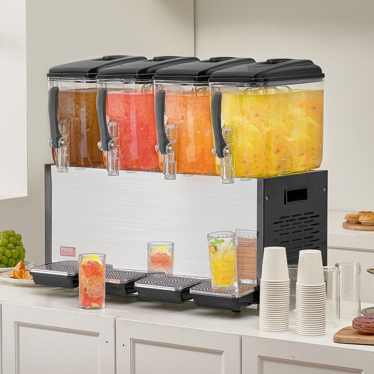 VEVOR Commercial Beverage Dispenser, 4 Tanks 12 L Per Tank Juice Dispenser, 510W Stainless Steel Ice Tea Drink Machine with 7℃-12℃ Cooling Temperature, for Cold Drink Restaurant Bar Party
