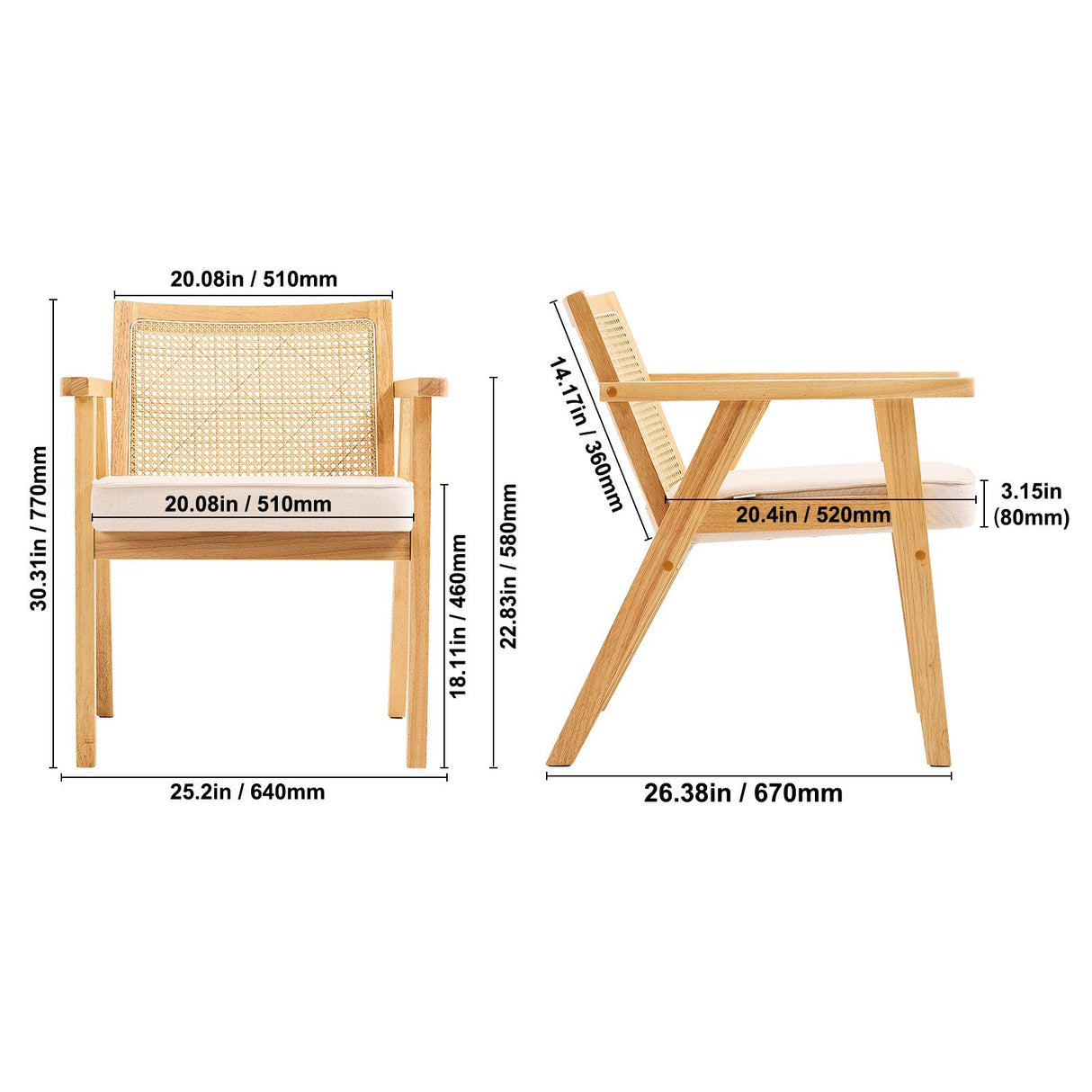 VEVOR Rattan Chair, Mid Century Modern Dining Chair with Armrest, Upholstered Chair with Rattan Back, Retro Rattan Dining Room Kitchen Chair for Living Room, Bedroom, Reading Room, and Office, Beige