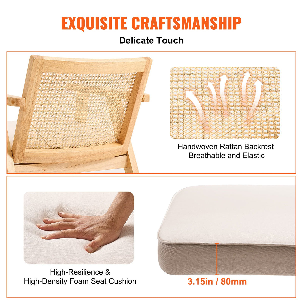 VEVOR Rattan Chair, Mid Century Modern Dining Chair with Armrest