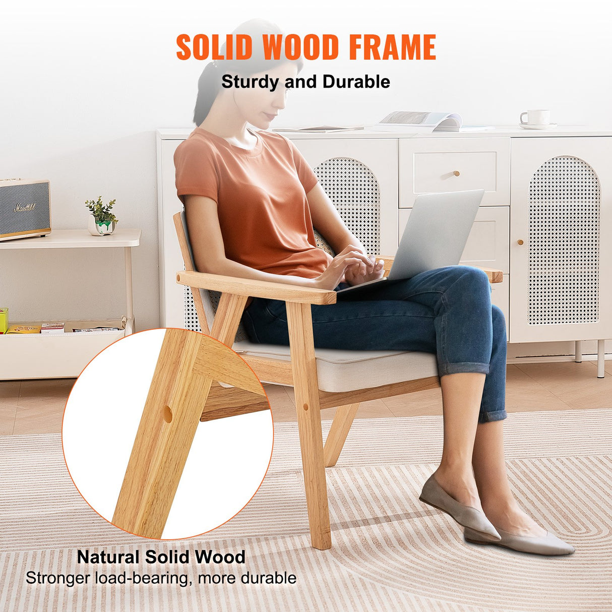 VEVOR Rattan Chair, Mid Century Modern Dining Chair with Armrest