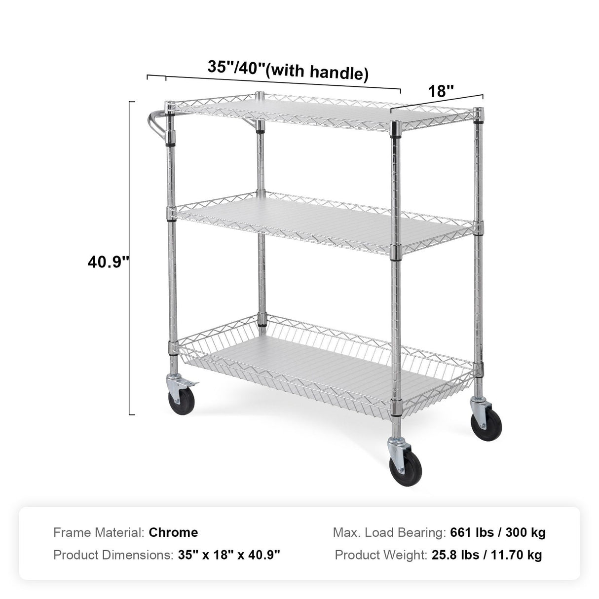 Kitchen Utility Cart, 3 Tiers, Wire Rolling Cart, Steel Service Cart on Wheels, Metal Storage Trolley with 80mm Basket Curved Handle PP Liner 6 Hooks, for Indoor and Outdoor