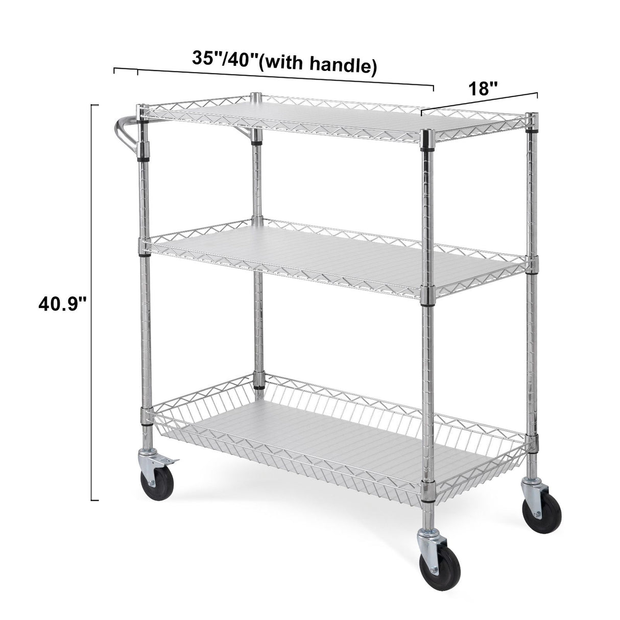 Kitchen Utility Cart, 3 Tiers, Wire Rolling Cart, Steel Service Cart on Wheels, Metal Storage Trolley with 80mm Basket Curved Handle PP Liner 6 Hooks, for Indoor and Outdoor