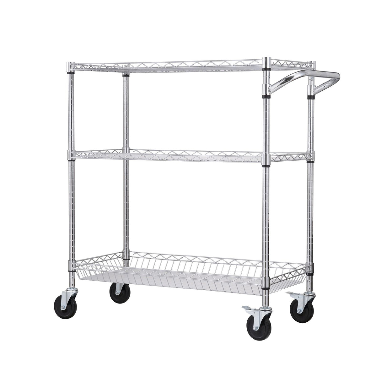 Kitchen Utility Cart, 3 Tiers, Wire Rolling Cart, Steel Service Cart on Wheels, Metal Storage Trolley with 80mm Basket Curved Handle PP Liner 6 Hooks, for Indoor and Outdoor