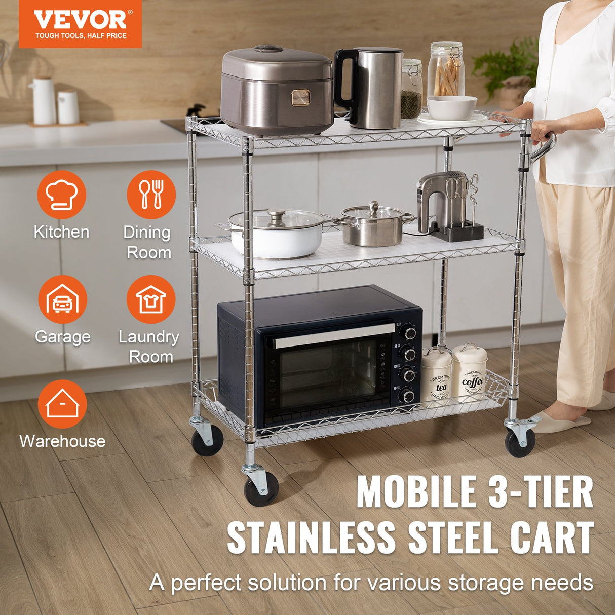 Kitchen Utility Cart, 3 Tiers, Wire Rolling Cart, Steel Service Cart on Wheels, Metal Storage Trolley with 80mm Basket Curved Handle PP Liner 6 Hooks, for Indoor and Outdoor