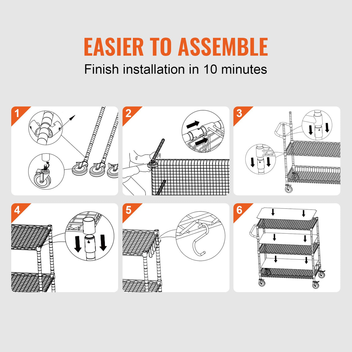 Kitchen Utility Cart, 3 Tiers, Wire Rolling Cart, Steel Service Cart on Wheels, Metal Storage Trolley with 80mm Basket Curved Handle PP Liner 6 Hooks, for Indoor and Outdoor