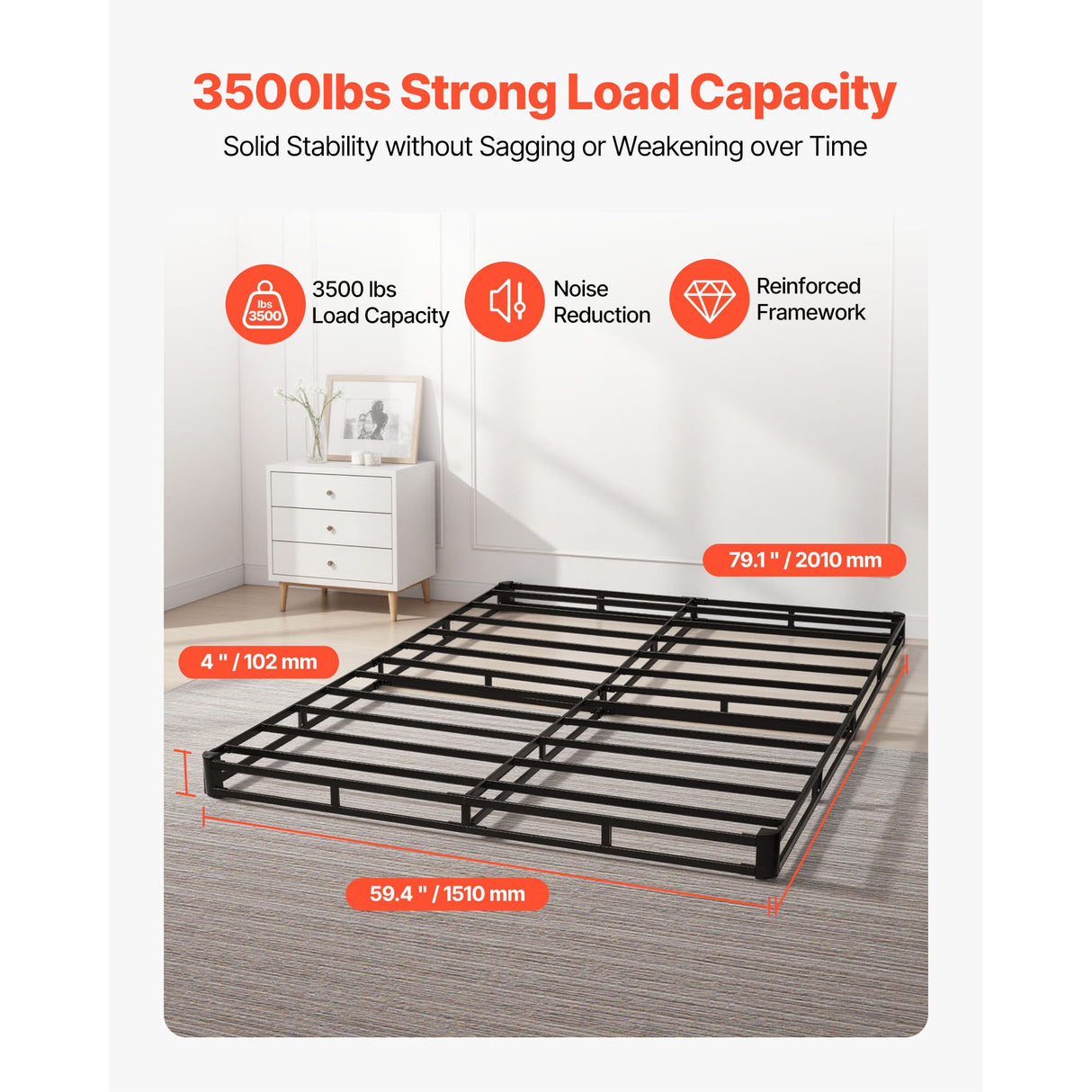 Box Spring, Queen Size Bed Frame with Washable Fabric Cloth, Heavy Duty Metal Frame for Queen Bed, 102 mm Mattress Foundation, 1587.57 kg Max Weight Capacity, Easy Assembly, 2010 x 1510 x 102 mm