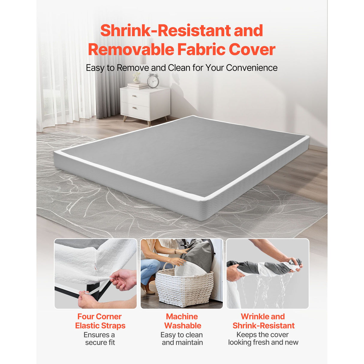 Box Spring, Queen Size Bed Frame with Washable Fabric Cloth, Heavy Duty Metal Frame for Queen Bed, 102 mm Mattress Foundation, 1587.57 kg Max Weight Capacity, Easy Assembly, 2010 x 1510 x 102 mm